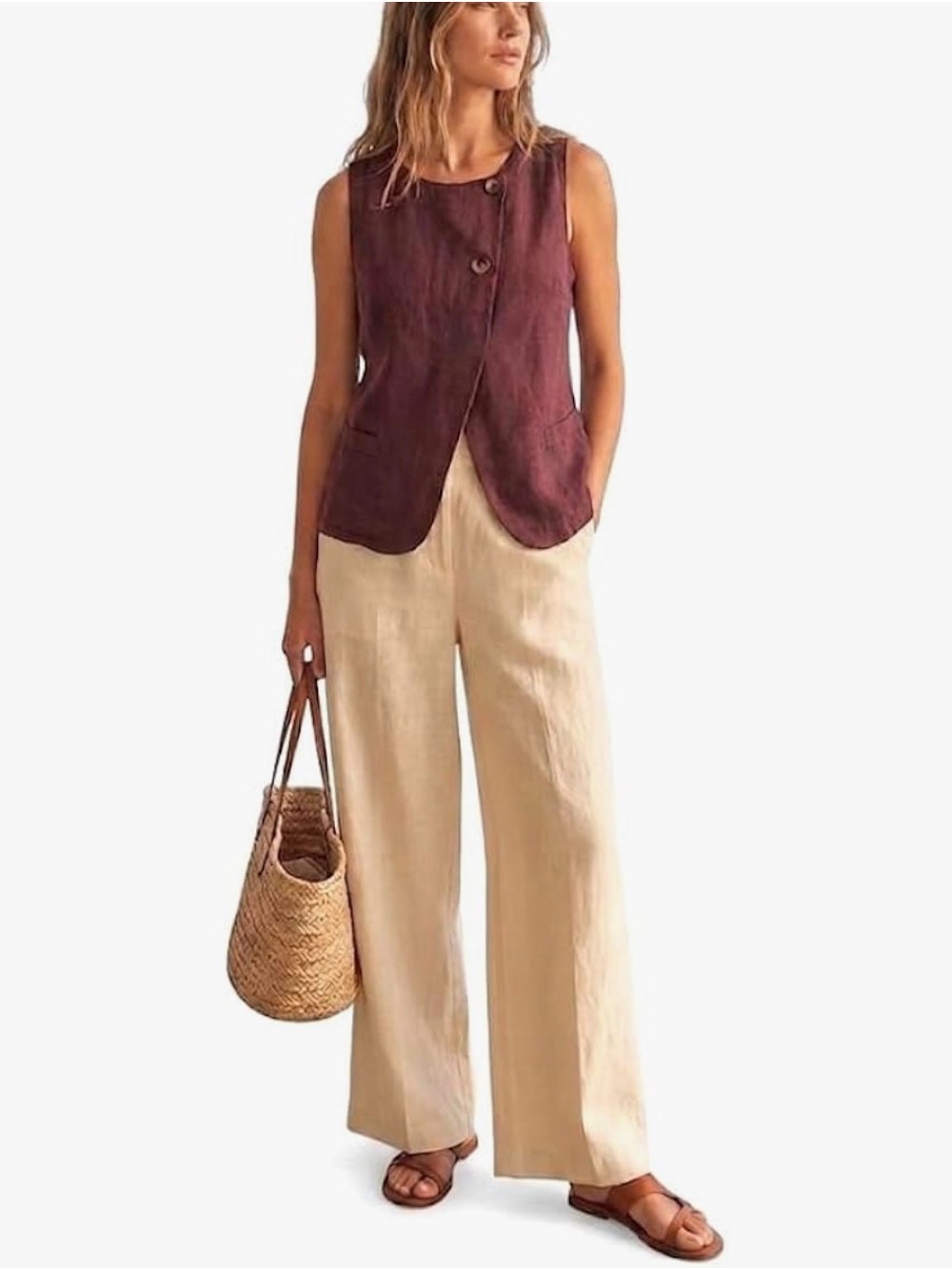 Sleeveless Burgundy Linen-Blend Button Front Top